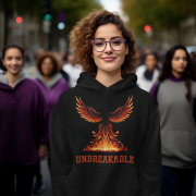 A young woman, possibly of Caucasian descent, with dark hair tied back, wearing a black PodLyft women's Unbreakable Spirit hoodie. The hoodie features a graphic of a stylized, strong female figure in motion, with the word "UNBREAKABLE" across her. She is looking directly at the camera with a determined expression, standing against a plain light grey background.