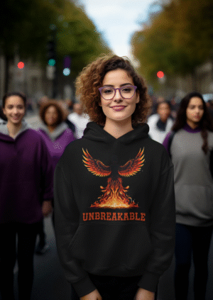 A young woman, possibly of Caucasian descent, with dark hair tied back, wearing a black PodLyft women's Unbreakable Spirit hoodie. The hoodie features a graphic of a stylized, strong female figure in motion, with the word "UNBREAKABLE" across her. She is looking directly at the camera with a determined expression, standing against a plain light grey background.