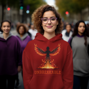 A young woman, possibly of Caucasian descent, with dark hair tied back, wearing a maroon PodLyft women's Unbreakable Spirit hoodie. The hoodie features a graphic of a stylized, strong female figure in motion, with the word "UNBREAKABLE" across her. She is looking directly at the camera with a determined expression, standing against a plain light grey background.