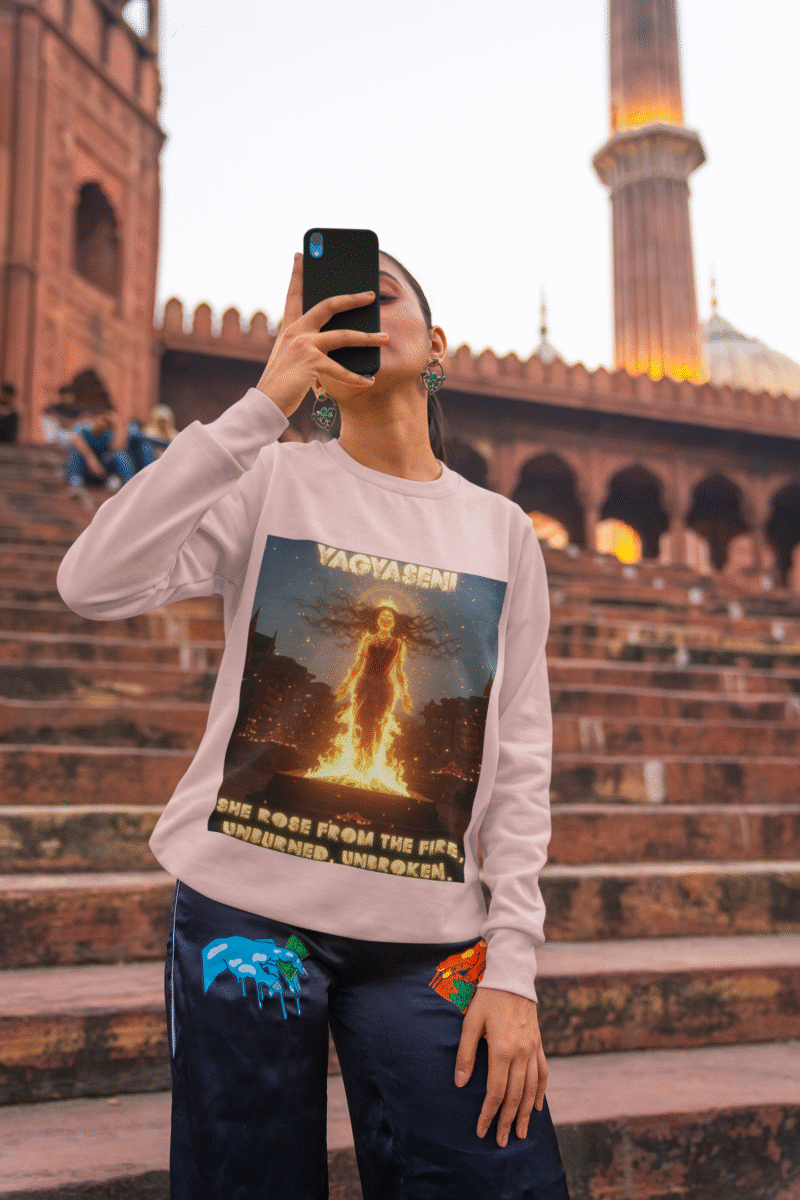 A young woman, possibly of South Asian descent, with long dark hair, wearing a baby pink PodLyft Yagyaseni Fireborn sweatshirt. The sweatshirt features a stylized graphic of a woman's silhouette against a fiery, abstract background, with the text "YAGYASENI" written below. She is looking directly at the camera with a confident expression, her arms crossed, standing against a plain light grey background.