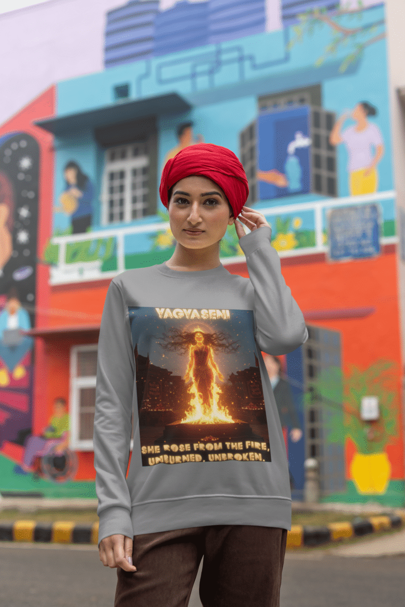 A young woman, possibly of South Asian descent, with long dark hair, wearing a grey PodLyft Yagyaseni Fireborn sweatshirt. The sweatshirt features a stylized graphic of a woman's silhouette against a fiery, abstract background, with the text "YAGYASENI" written below. She is looking directly at the camera with a confident expression, her arms crossed, standing against a plain light grey background.