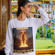 A young woman, possibly of South Asian descent, with long dark hair, wearing a lavender PodLyft Yagyaseni Fireborn sweatshirt. The sweatshirt features a stylized graphic of a woman's silhouette against a fiery, abstract background, with the text "YAGYASENI" written below. She is looking directly at the camera with a confident expression, her arms crossed, standing against a plain light grey background.