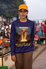 A young woman, possibly of South Asian descent, with long dark hair, wearing a purple PodLyft Yagyaseni Fireborn sweatshirt. The sweatshirt features a stylized graphic of a woman's silhouette against a fiery, abstract background, with the text "YAGYASENI" written below. She is looking directly at the camera with a serious expression, her arms crossed, standing against a plain light grey background.