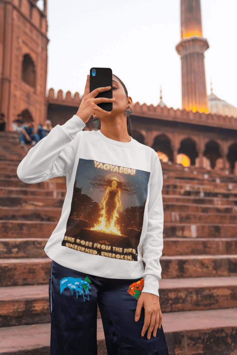 A young woman, possibly of South Asian descent, with long dark hair, wearing a white PodLyft Yagyaseni Fireborn sweatshirt. The sweatshirt features a stylized graphic of a woman's silhouette against a fiery, abstract background, with the text "YAGYASENI" written below. She is looking directly at the camera with a confident expression, her arms crossed, standing against a plain light grey background.