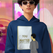 Navy blue You Matter hoodie for men by PodLyft featuring a minimalist design of a person standing in front of a gold-framed mirror with the words "YOU MATTER" and its reflection, promoting self-worth and empowerment.