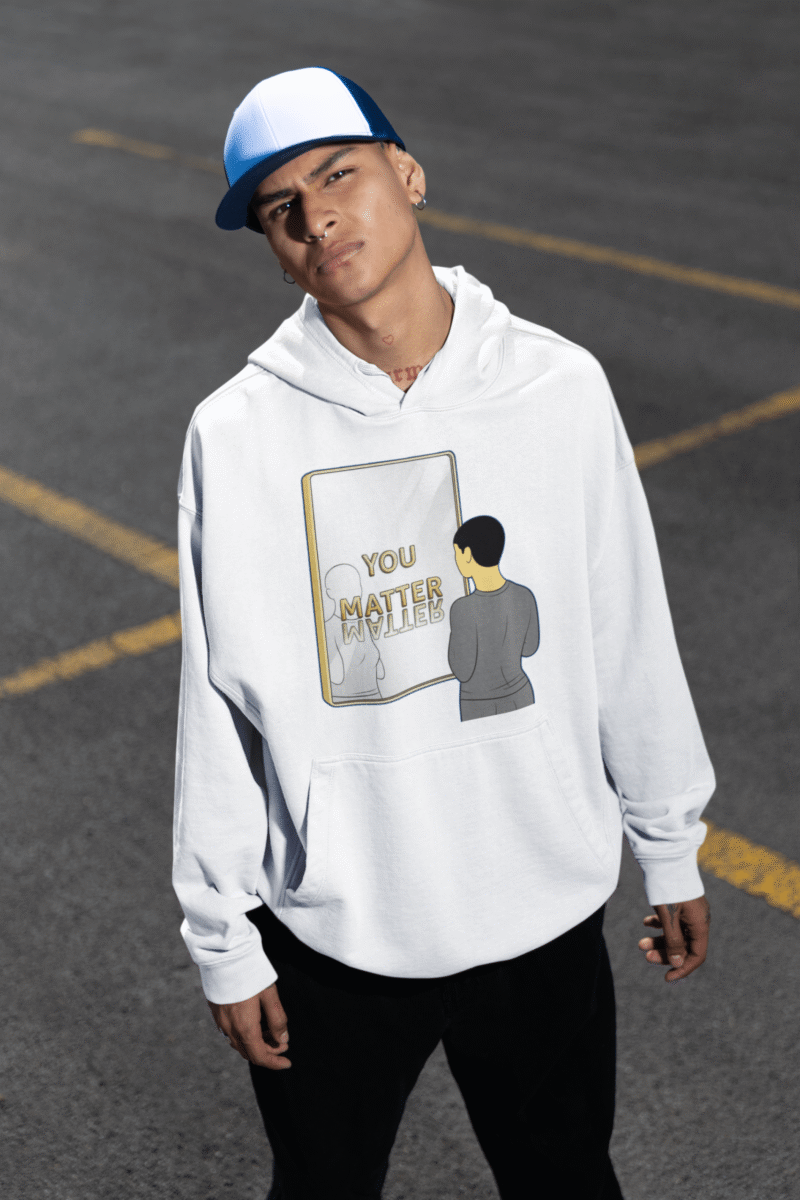 PodLyft You Matter Hoodie for Men in white - Bold Graphic Pullover with Inspirational Print, Ideal for Modern Streetwear