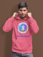 A young man, possibly of Caucasian descent, with short dark hair and a beard, wearing a white PodLyft Men's Forging Your Character hoodie. The hoodie features a circular graphic with the letters "FYC" prominently in the center, surrounded by text that includes "Find Your Calm." He is looking directly at the camera with a confident expression, standing against a plain light grey background.
