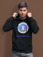 A young man, possibly of Caucasian descent, with short dark hair and a beard, wearing a black PodLyft Men's Forging Your Character hoodie. The hoodie features a circular graphic with the letters "FYC" prominently in the center, surrounded by text that includes "Find Your Calm." He is looking directly at the camera with a confident expression, standing against a plain light grey background.
