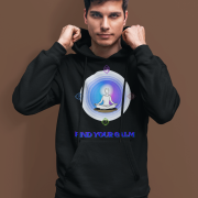 A young man, possibly of Caucasian descent, with short dark hair and a beard, wearing a black PodLyft Men's Forging Your Character hoodie. The hoodie features a circular graphic with the letters "FYC" prominently in the center, surrounded by text that includes "Find Your Calm." He is looking directly at the camera with a confident expression, standing against a plain light grey background.