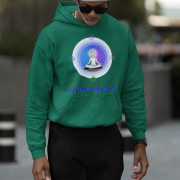 A young man, possibly of Caucasian descent, with short dark hair and a beard, wearing a bottle green PodLyft Men's Forging Your Character hoodie. The hoodie features a circular graphic with the letters "FYC" prominently in the center, surrounded by text that includes "Find Your Calm." He is looking directly at the camera with a confident expression, standing against a plain light grey background.