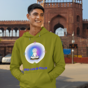 A young man, possibly of Caucasian descent, with short dark hair and a beard, wearing an olive green PodLyft Men's Forging Your Character hoodie. The hoodie features a circular graphic with the letters "FYC" prominently in the center, surrounded by text that includes "Find Your Calm." He is looking directly at the camera with a confident expression, standing against a plain light grey background.