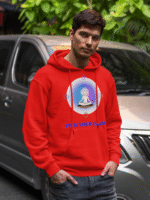 A young man, possibly of Caucasian descent, with short dark hair and a beard, wearing a red PodLyft Men's Forging Your Character hoodie. The hoodie features a circular graphic with the letters "FYC" prominently in the center, surrounded by text that includes "Find Your Calm." He is looking directly at the camera with a confident expression, standing against a plain light grey background.