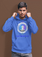 A young man, possibly of Caucasian descent, with short dark hair and a beard, wearing a royal blue PodLyft Men's Forging Your Character hoodie. The hoodie features a circular graphic with the letters "FYC" prominently in the center, surrounded by text that includes "Find Your Calm." He is looking directly at the camera with a confident expression, standing against a plain light grey background.