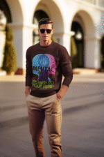 A young man, possibly of Caucasian descent, with short dark hair and a beard, wearing a reddish-brown PodLyft Mental Wellness Sweatshirt for men. The sweatshirt features a circular graphic with the letters "BKTYM" prominently in the center, surrounded by the phrase "BE KIND TO YOUR MIND." He is looking directly at the camera with a confident expression, standing against a plain light grey background.
