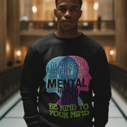 A young man, possibly of Caucasian descent, with short dark hair and a beard, wearing a black PodLyft Mental Wellness Sweatshirt for men. The sweatshirt features a circular graphic with the letters "BKTYM" prominently in the center, surrounded by the phrase "BE KIND TO YOUR MIND." He is looking directly at the camera with a confident expression, standing against a plain light grey background.
