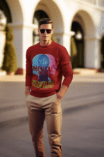 A young man, possibly of Caucasian descent, with short dark hair and a beard, wearing a maroon PodLyft Mental Wellness Sweatshirt for men. The sweatshirt features a circular graphic with the letters "BKTYM" prominently in the center, surrounded by the phrase "BE KIND TO YOUR MIND." He is looking directly at the camera with a confident expression, standing against a plain light grey background.