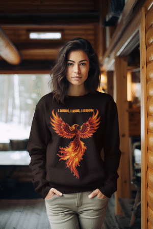A young woman, possibly of Caucasian descent, with light brown hair pulled back, wearing an Onyx (dark grey/black) PodLyft Phoenix Reign sweatshirt. The sweatshirt features a graphic of a stylized, fiery phoenix with the text "I BURN I RISE I REIGN" below it. She is looking directly at the camera with a confident expression, standing against a plain light grey background.