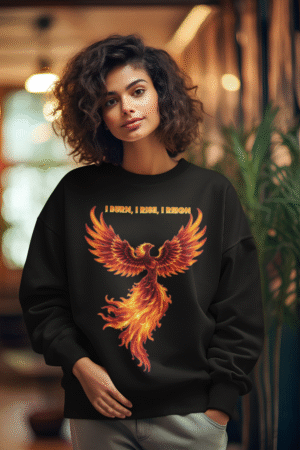A young woman, possibly of Caucasian descent, with light brown hair pulled back, wearing a black PodLyft Phoenix Reign sweatshirt. The sweatshirt features a graphic of a stylized, fiery phoenix with the text "I BURN I RISE I REIGN" below it. She is looking directly at the camera with a confident expression, standing against a plain light grey background.