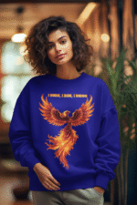 A young woman, possibly of Caucasian descent, with light brown hair pulled back, wearing a navy blue PodLyft Phoenix Reign sweatshirt. The sweatshirt features a graphic of a stylized, fiery phoenix with the text "I BURN I RISE I REIGN" below it. She is looking directly at the camera with a confident expression, standing against a plain light grey background.