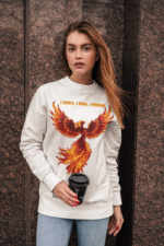 A young woman, possibly of Caucasian descent, with light brown hair pulled back, wearing a white PodLyft Phoenix Reign sweatshirt. The sweatshirt features a graphic of a stylized, fiery phoenix with the text "I BURN I RISE I REIGN" below it. She is looking directly at the camera with a confident expression, standing against a plain light grey background.
