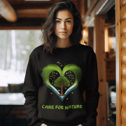 A young woman, possibly of Caucasian descent, with light brown hair, wearing a black PodLyft Women's Eco Love Sweatshirt. The sweatshirt features a circular graphic with the phrase "CARE FOR NATURE" prominently displayed. She is looking directly at the camera with a confident yet gentle expression, standing against a plain light grey background.