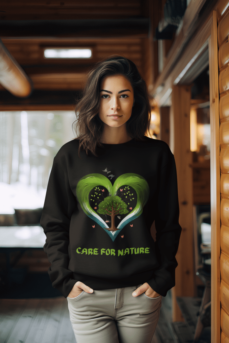 A young woman, possibly of Caucasian descent, with light brown hair, wearing a black PodLyft Women's Eco Love Sweatshirt. The sweatshirt features a circular graphic with the phrase "CARE FOR NATURE" prominently displayed. She is looking directly at the camera with a confident yet gentle expression, standing against a plain light grey background.