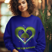 A young woman, possibly of Caucasian descent, with light brown hair, wearing a navy blue PodLyft Women's Eco Love Sweatshirt. The sweatshirt features a circular graphic with the phrase "CARE FOR NATURE" prominently displayed. She is looking directly at the camera with a confident yet gentle expression, standing against a plain light grey background.