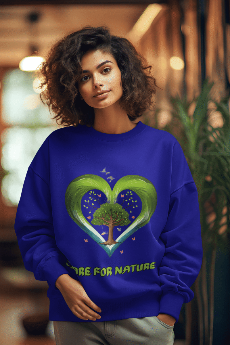 A young woman, possibly of Caucasian descent, with light brown hair, wearing a navy blue PodLyft Women's Eco Love Sweatshirt. The sweatshirt features a circular graphic with the phrase "CARE FOR NATURE" prominently displayed. She is looking directly at the camera with a confident yet gentle expression, standing against a plain light grey background.