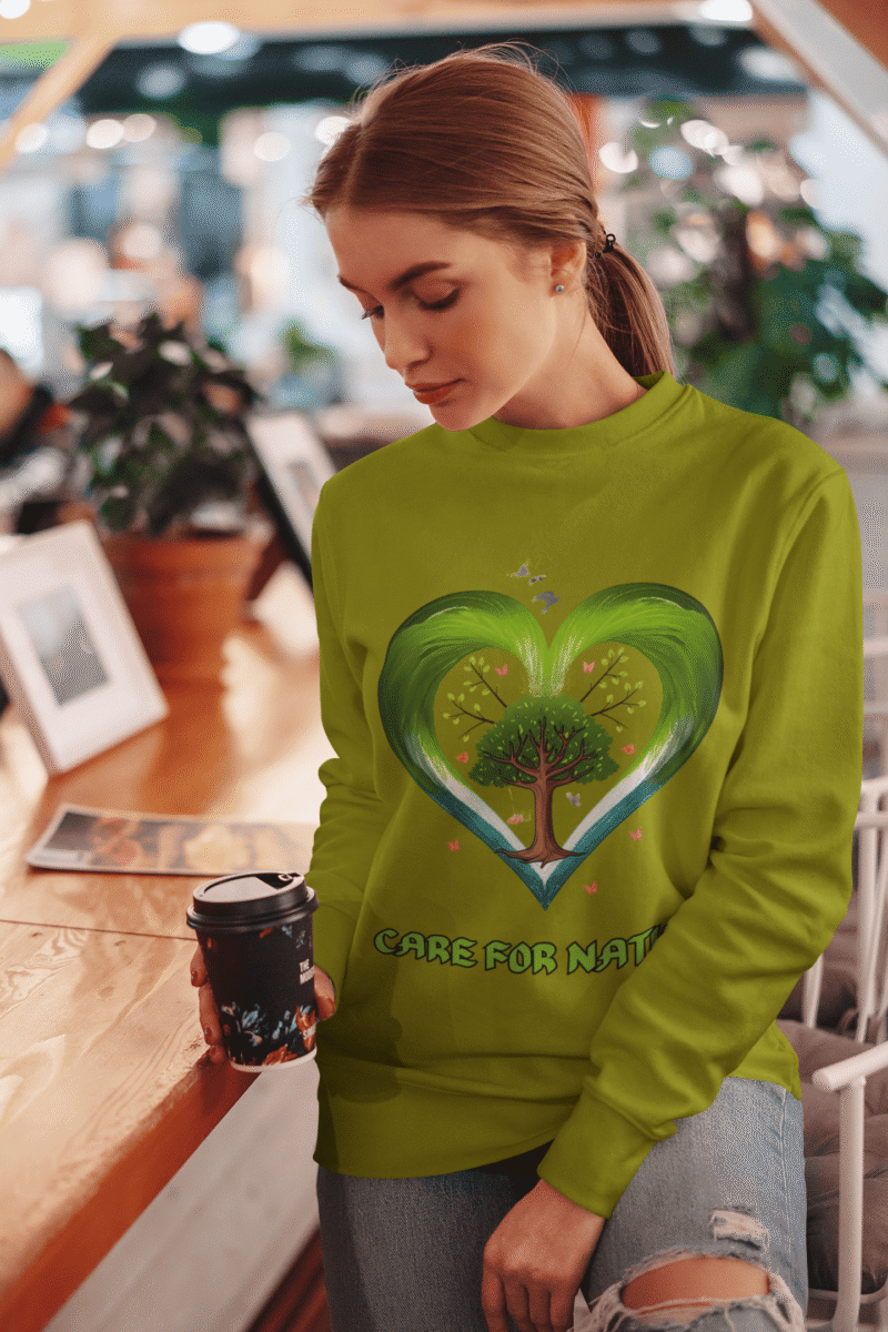 A young woman, possibly of Caucasian descent, with light brown hair, wearing an olive green PodLyft Women's Eco Love Sweatshirt. The sweatshirt features a circular graphic with the phrase "CARE FOR NATURE" prominently displayed. She is looking directly at the camera with a confident yet gentle expression, standing against a plain light grey background.