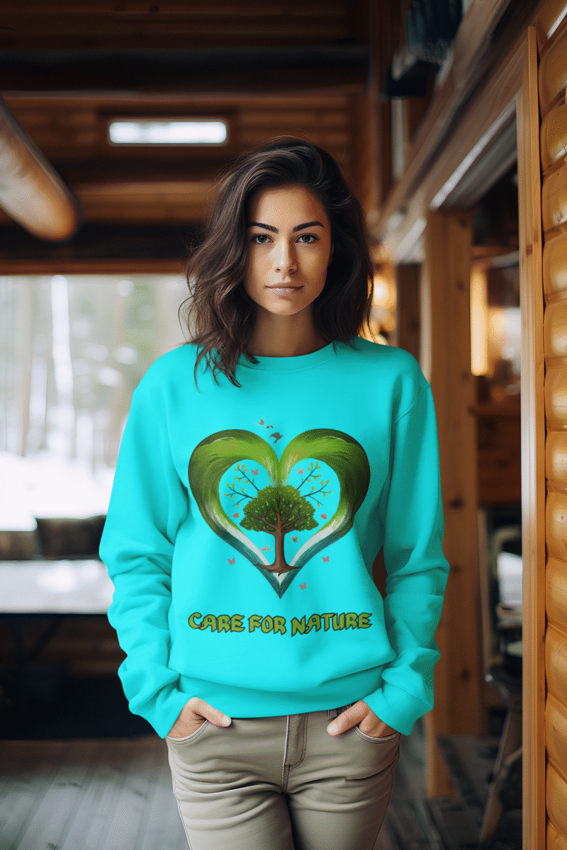 A young woman, possibly of Caucasian descent, with light brown hair, wearing a white PodLyft Women's Eco Love Sweatshirt. The sweatshirt features a circular graphic prominently in the center, surrounded by the phrase "CARE FOR NATURE." She is looking directly at the camera with a confident yet gentle expression, standing against a plain light grey background.