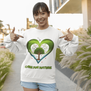 A young woman, possibly of Caucasian descent, with light brown hair, wearing a white PodLyft Women's Eco Love Sweatshirt. The sweatshirt features a circular graphic with the phrase "CARE FOR NATURE" prominently displayed. She is looking directly at the camera with a confident yet gentle expression, standing against a plain light grey background.