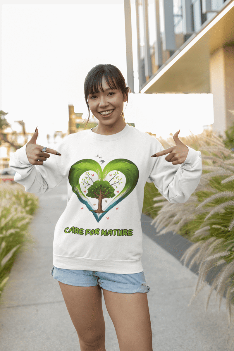 A young woman, possibly of Caucasian descent, with light brown hair, wearing a white PodLyft Women's Eco Love Sweatshirt. The sweatshirt features a circular graphic with the phrase "CARE FOR NATURE" prominently displayed. She is looking directly at the camera with a confident yet gentle expression, standing against a plain light grey background.