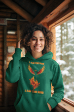 A young woman, possibly of Caucasian descent, with light brown hair pulled back, wearing a bottle green PodLyft Women's Revolution Hoodie. The hoodie features a graphic of a stylized, strong female figure, with the text "I AM THE FIRE I AM THE REVOLUTION" below it. She is looking directly at the camera with a confident expression, standing against a plain light grey background.