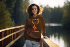 A young woman, possibly of Caucasian descent, with light brown hair, wearing a dark brown PodLyft Women's Revolution Hoodie. The hoodie features a graphic of a stylized, strong female, with the text "I AM THE FIRE I AM THE REVOLUTION" below it. She is standing outdoors with a confident expression, looking directly at the camera, against a blurred urban background with green foliage.