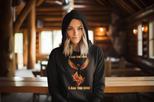 A young woman, possibly of Caucasian descent, with light brown hair, wearing a black PodLyft Women's Revolution Hoodie. The hoodie features a graphic of a stylized, strong female figure, with the text "I AM THE FIRE I AM THE REVOLUTION" below it. She is standing outdoors with a confident expression, looking into the distance, against a blurred urban background with green foliage.