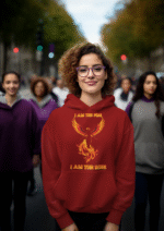 A young woman, possibly of Caucasian descent, with light brown hair pulled back, wearing a maroon PodLyft Women's Revolution Hoodie. The hoodie features a graphic of a stylized, strong female figure, with the text "I AM THE FIRE I AM THE REVOLUTION" below it. She is looking directly at the camera with a confident expression, standing against a plain light grey background.