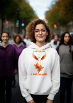 A young woman, possibly of Caucasian descent, with light brown hair pulled back, wearing a white PodLyft Women's Revolution Hoodie. The hoodie features a graphic of a stylized, strong female figure, with the text "I AM THE FIRE I AM THE REVOLUTION" below it. She is looking directly at the camera with a confident expression, standing against a plain light grey background.