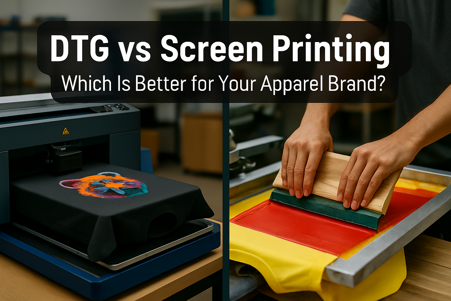 DTG vs Screen Printing: Which Is Better for Your Apparel Brand? 1 A realistic image showing two printed T-shirts, one labeled 'DTG Print' with a complex full-color design, and the other labeled 'Screen Print' with a bold, minimal graphic. A split workspace background illustrates digital printing equipment on one side and a traditional screen printing setup on the other, representing a comparison between the two apparel printing methods.