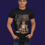 A young man, possibly of Caucasian descent, with short dark hair and a beard, wearing a black PodLyft Men's Jugaadu t-shirt. The t-shirt features a graphic with the text "JUGAADU SINCE BIRTH." He is looking directly at the camera with a confident expression, standing against a plain light grey background.
