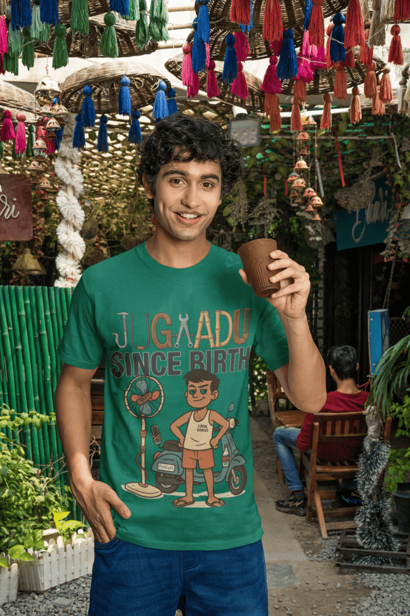 A young man, possibly of Caucasian descent, with short dark hair and a beard, wearing a bottle green PodLyft Men's Jugaadu t-shirt. The t-shirt features a graphic with the text "JUGAADU SINCE BIRTH." He is looking directly at the camera with a confident expression, standing against a plain light grey background.