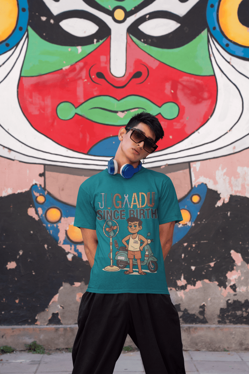 A young man, possibly of Caucasian descent, with short dark hair and a beard, wearing a petrol blue PodLyft Men's Jugaadu t-shirt. The t-shirt features a graphic with the text "JUGAADU SINCE BIRTH." He is looking directly at the camera with a confident expression, standing against a plain light grey background.