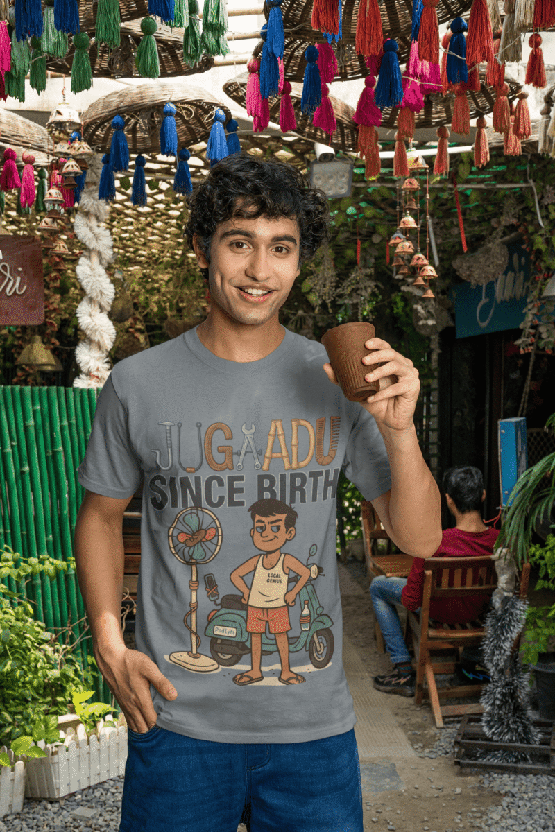 A young man, possibly of Caucasian descent, with short dark hair and a beard, wearing a steel gray PodLyft Men's Jugaadu t-shirt. The t-shirt features a graphic with the text "JUGAADU SINCE BIRTH." He is looking directly at the camera with a confident expression, standing against a plain light grey background.