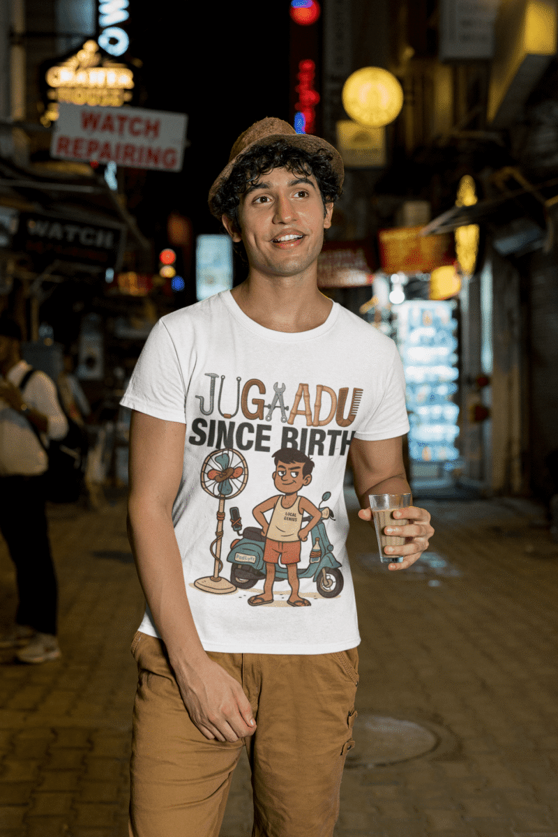 A young man, possibly of Caucasian descent, with short dark hair and a beard, wearing a white PodLyft Men's Jugaadu t-shirt. The t-shirt features a graphic with the text "JUGAADU SINCE BIRTH." He is looking directly at the camera with a confident expression, standing against a plain light grey background.