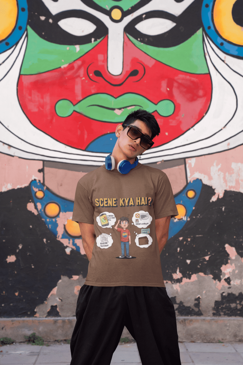 A young man, possibly of Caucasian descent, with short dark hair and a beard, wearing a coffee brown t-shirt. The t-shirt features a humorous graphic with the Hindi text "SCENE KYA HAI" and a stylized question mark. He is looking directly at the camera with a confident expression, standing against a plain light grey background.