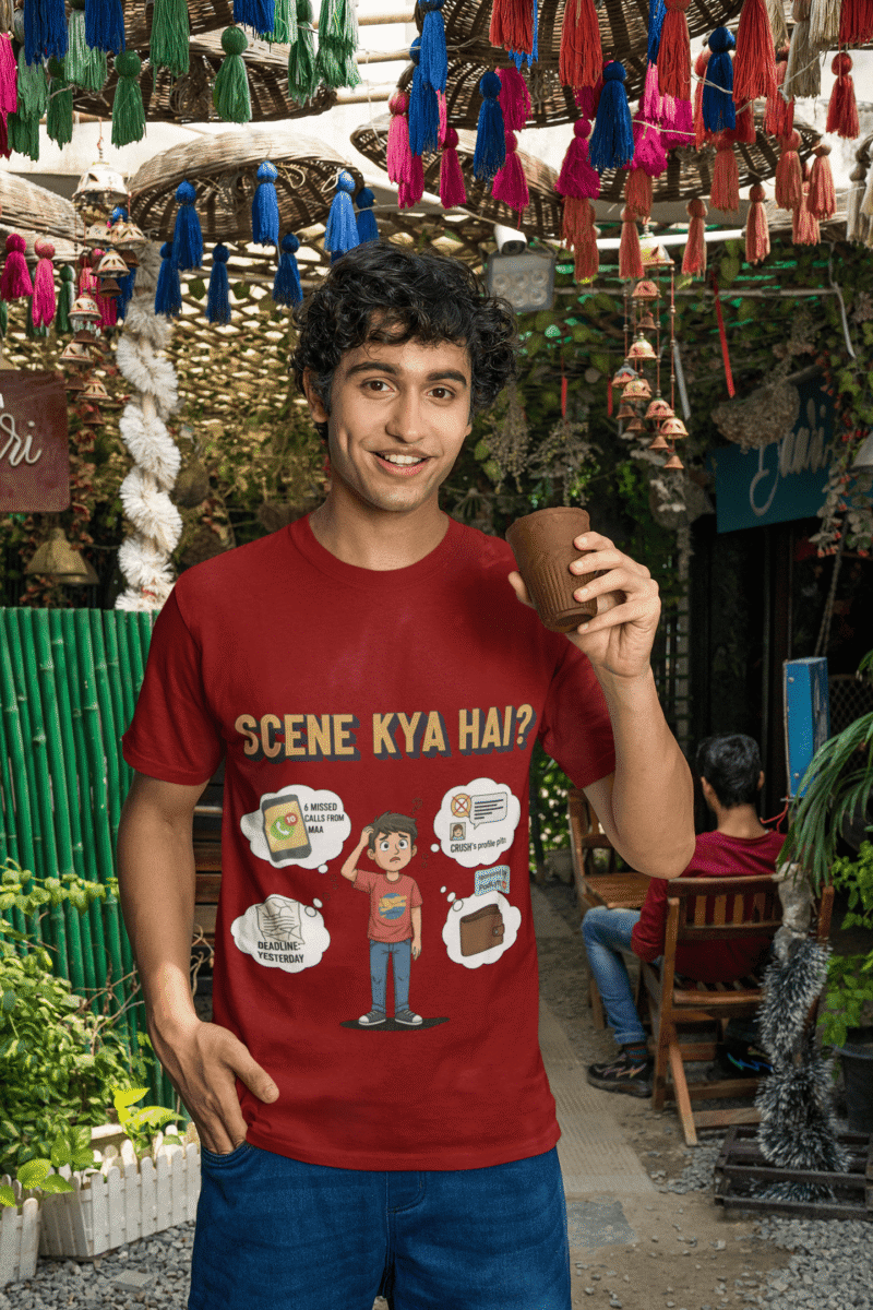 A young man, possibly of Caucasian descent, with short dark hair and a beard, wearing a maroon t-shirt. The t-shirt features a humorous graphic with the Hindi text "SCENE KYA HAI" and a stylized question mark. He is looking directly at the camera with a confident expression, standing against a plain light grey background.