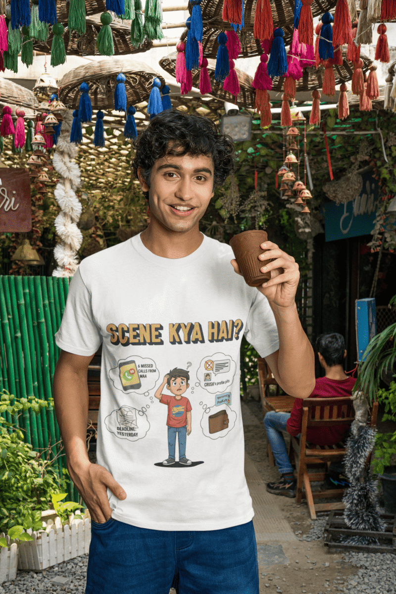 A young man, possibly of Caucasian descent, with short dark hair and a beard, wearing a white t-shirt. The t-shirt features a humorous graphic with the Hindi text "SCENE KYA HAI" and a stylized question mark. He is looking directly at the camera with a confident expression, standing against a plain light grey background.