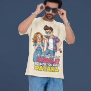 A young man, possibly of Caucasian descent, with short dark hair and a beard, wearing a black PodLyft t-shirt. The t-shirt features the flirty pickup line, "Girl, were you born on Diwali? Because You are PATAKA." He is looking directly at the camera with a confident expression, standing against a plain light grey background.