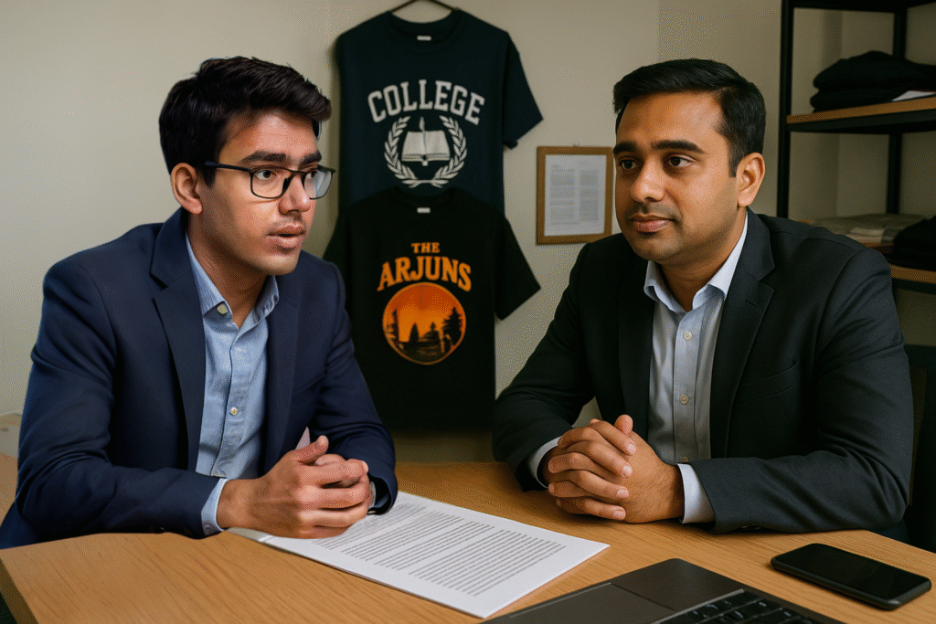 The Complete Guide to Custom Apparel Printing in India: Trends, Technology, and How to Start 4 A professional business consultation scene showing Prasanna Sharma, an industry advisor, in discussion with Arjun, a 26-year-old entrepreneur, inside a custom apparel office. Both men are dressed formally and seated at a table with printed merchandise in the background.