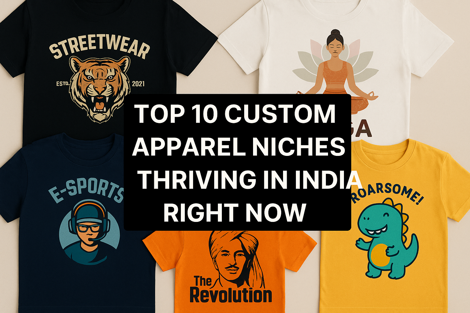 A digital collage showcasing popular custom apparel niches in India, including college merchandise, corporate branded wear, wedding outfits, gym wear, streetwear, NGO campaign tees, travel apparel, pet-themed clothing, festival wear, and kids’ custom clothing, representing India’s thriving personalized fashion trends in 2025.