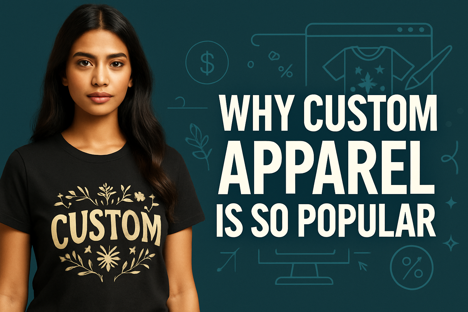Featured image for article 'The Complete Guide to Custom Apparel Printing in India: Trends, Technology, and How to Start' showing young Indian woman wearing custom printed black t-shirt with gold design, against teal background with business and printing technology icons including dollar signs, percentage symbols, and e-commerce elements
